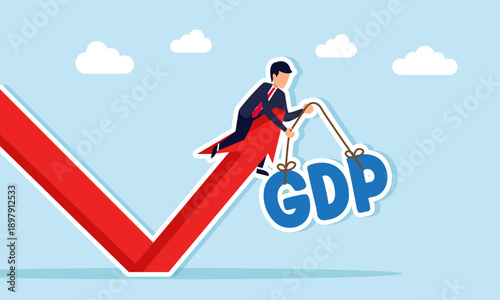 Businessman climbing upward arrow while carrying GDP text with rope illustrating national gross domestic product growth