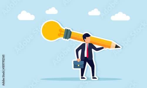 Businessman carrying a giant pencil with light bulb ornament illustrating planning and developing creative business ideas and innovation