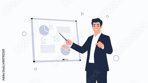 Businessman Presenting Data on Whiteboard, Business Meeting, Presentation, Strategy