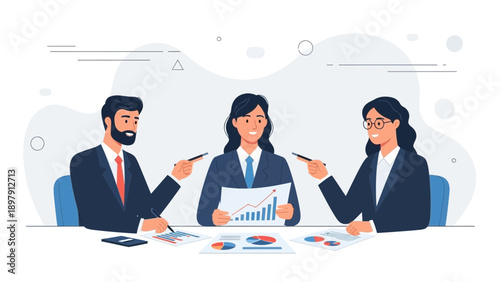 Business Meeting: Team Discussing Growth Charts and Financial Reports