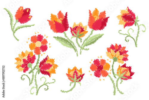 Floral compositions with bright embroidery flowers. Beautiful set of embroidery bouquets. 