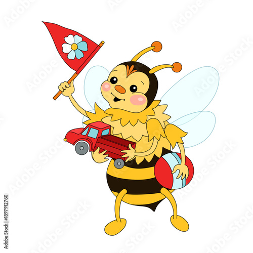 Cute baby bee with toy truck, ball and small flag.