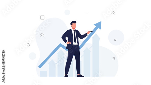 Businessman points to upward trending graph, illustrating growth and success