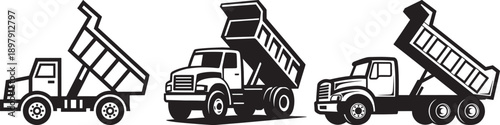 Set of black and white dump trucks in various states of unloading, for construction and logistics.