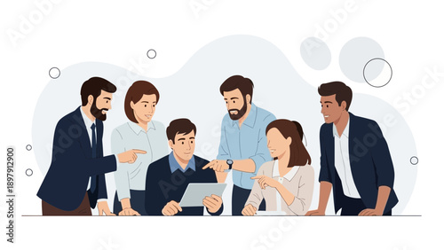 Diverse business team collaborating on a digital tablet in a modern office setting