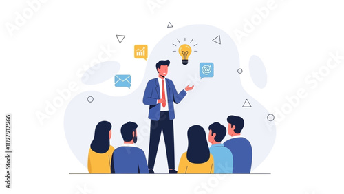 Business presentation with speaker and audience, idea lightbulb, communication icons