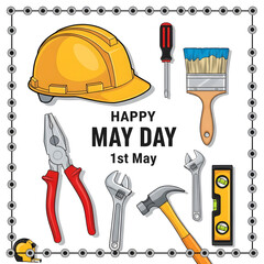 Celebrating may day with construction tools and safety gear.