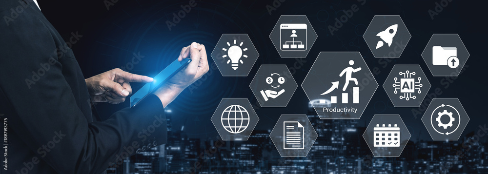Fototapeta premium A business professional interacts with digital productivity icons against a modern cityscape backdrop, symbolizing innovation and technological advancement in the corporate world. Gantry
