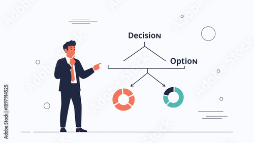 Businessman making a decision, choosing between options with pie charts