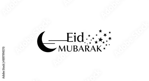 Eid mubarak greeting with crescent moon and stars on white background for muslim holiday celebration