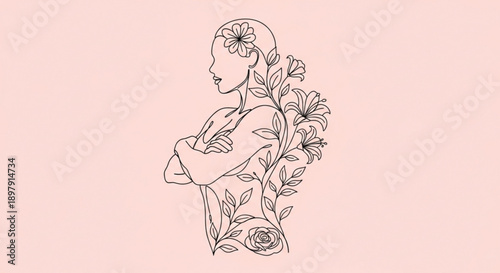 Woman with flowers in hair standing in profile view with arms crossed on pink background