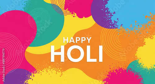 Vibrant holi celebration background with colorful paint splatters and happy holi greeting in white text