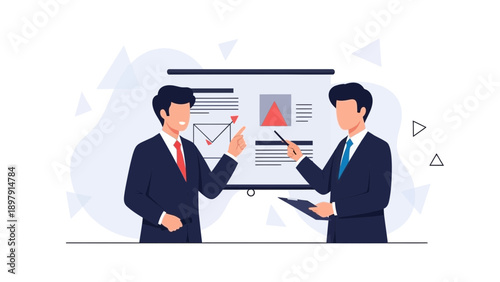 Business meeting presentation: two men in suits discussing strategy near a whiteboard