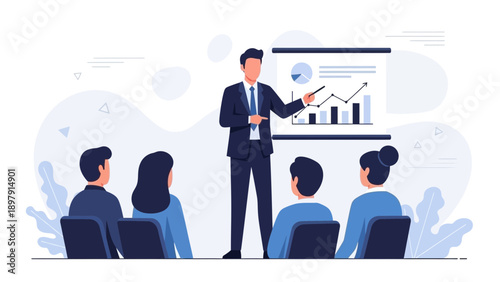 Business presentation with charts and graphs, businessman leading meeting