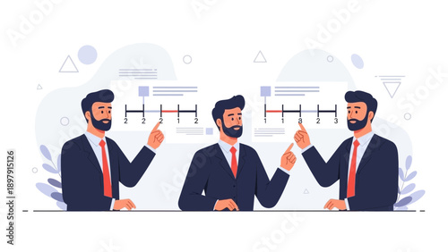 Businessmen analyzing data on a scale, concept of comparison and decision making