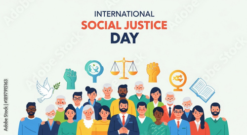 Diverse group of people celebrating international social justice day with symbolic icons