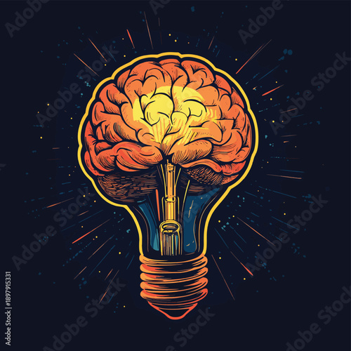 Metallic brain igniting a bulb , vector style simple color