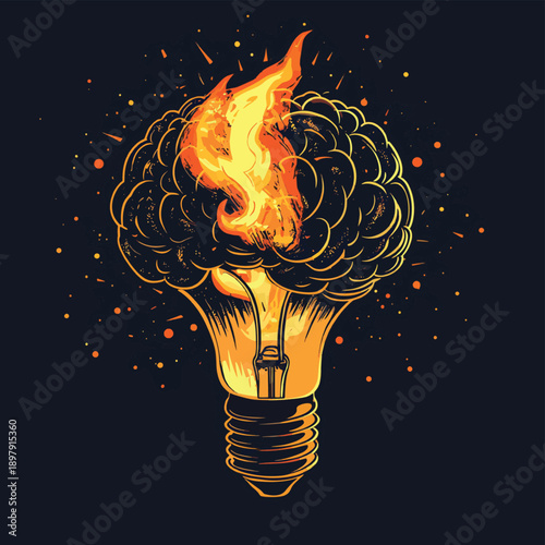 Metallic brain igniting a bulb , vector style simple color