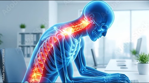 Human skeletal structure with highlighted spinal pain from poor posture at computer, suitable for health, medical, ergonomics, education, workplace, safety, and technology topics.