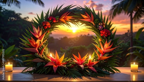 Tropical Floral Wreath with Sunset and Candles.
