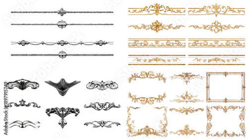 Classic ornamental dividers and vintage decorative borders set with elegant black and gold details perfect for certificates invitations luxury branding and graphic design