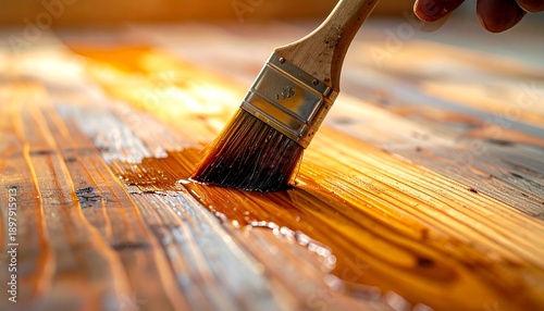 Close-up of a paintbrush applying varnish to a wooden surface, highlighting the grain and texture.