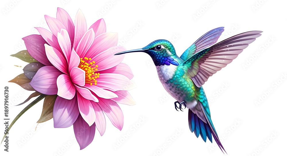 Fototapeta premium Vibrant hummingbird feeding on pink flower isolated on transparent background