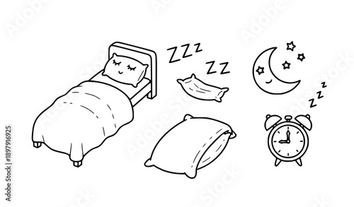 Outline sleep related icon vector set with bedtime symbols and clean line art