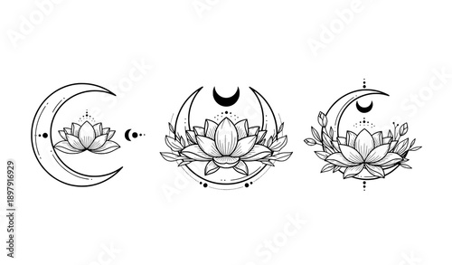 Crescent moon and lotus flower outline vector set with minimal spiritual line art