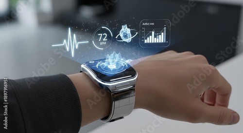 Close up view of a modern metallic smartwatch displaying advanced holographic medical monitoring data including heart rate activity visualization and cardiac pulse tracking for health awareness