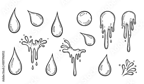 Artistic water drop ink sketch outline vector illustration with decorative droplet symbols