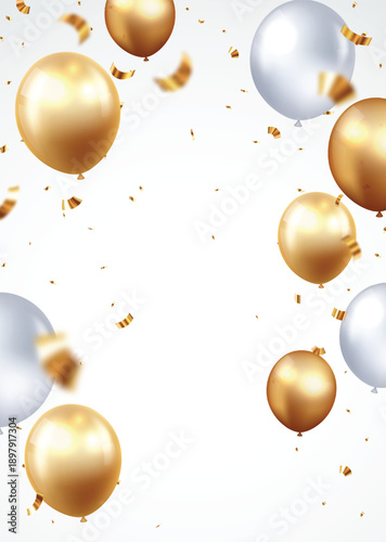 Abstract bright gold confetti, balloons, and ribbon, design for celebrations. beautiful decoration vector illustration