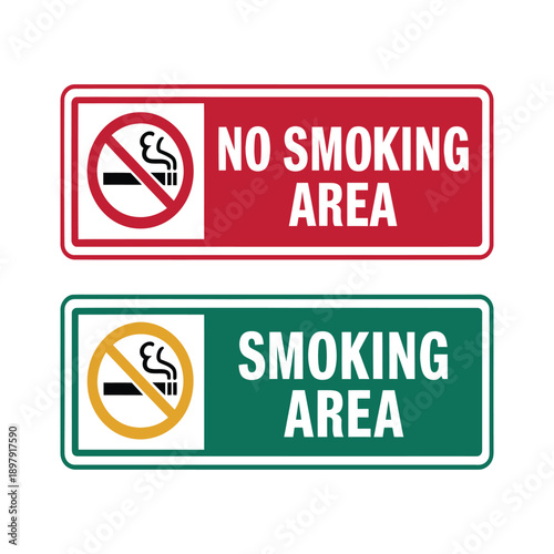 No smoking and smoking area signs with cigarette icons and text on red and green backgrounds for public safety and health compliance