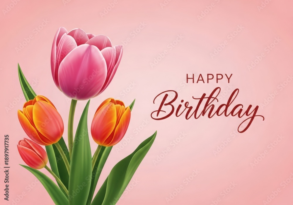 Fototapeta premium Beautiful pink and orange tulips with green leaves, paired with a 'Happy Birthday' greeting on a soft pink gradient background.