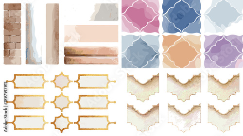 Soft watercolor textures and decorative label frames set with pastel tones and paper effects ideal for branding packaging invitations scrapbooking and creative design projects