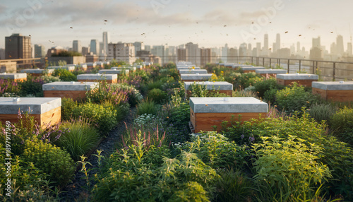 An innovative urban rooftop garden teeming with beehives and flourishing plants, creating a vital green sanctuary