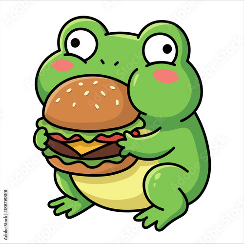Cute green amphibian eating big cheeseburger with sesame bun. Adorable toad character in kawaii style holding juicy burger for fast food nursery decor and whimsical children food design.