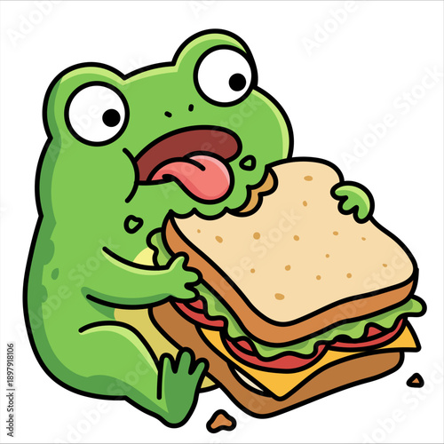 Cute green amphibian eating big sandwich with lettuce and cheese. Adorable toad character in kawaii style holding juicy toast for fast food nursery decor and whimsical children food design.