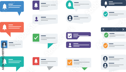 User Notification and Message Interface Icon Set Featuring Alerts, Chat Bubbles, System Updates, Profile Messages, and Confirmation Status Indicators for Apps and Websites