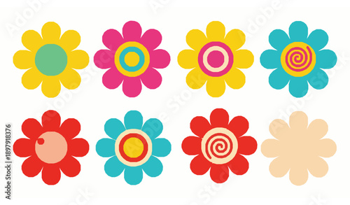 Vibrant Groovy Daisy Flower Vector Set with Vintage Hippie Decorative Elements