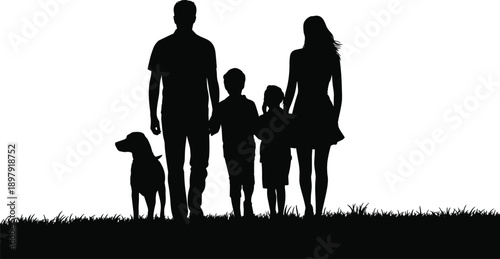 Silhouetted family with two children and a dog standing on grass, symbolizing unity, love, and companionship on a clean white background