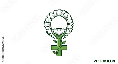 Female Symbol with Flower Illustration, Green Feminine Icon, Vector Graphic
