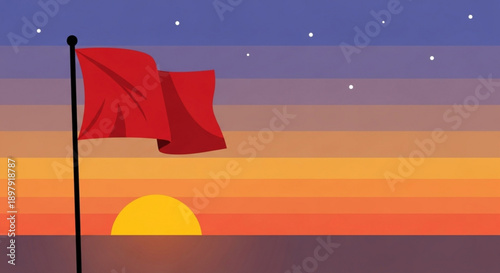 Red Flag Waving on Beach at Sunset with Stars