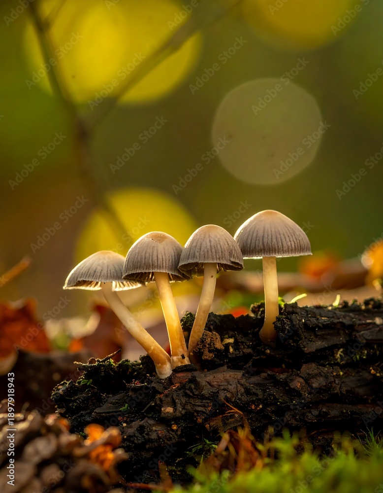 Fototapeta premium Four small mushrooms growing on a fallen log, with a blurred bokeh background