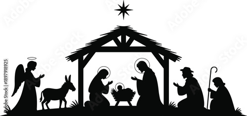 Silhouetted nativity scene with holy figures, angel, animals, and star, symbolizing Christmas tradition and spiritual celebration on a clean white background
