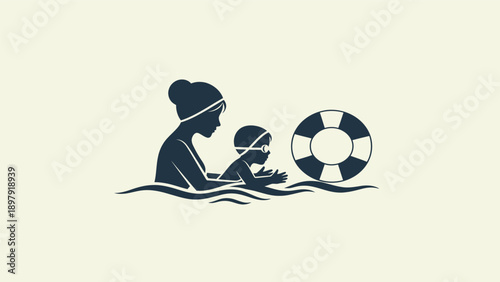 Mother and child in swimming water.
