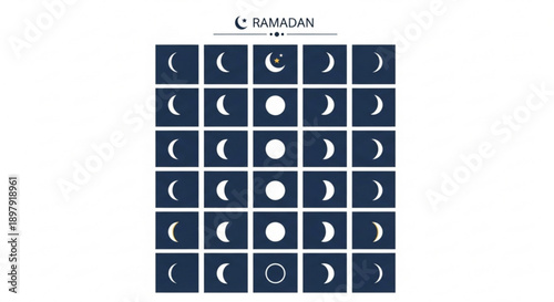 Ramadan Moon Phases Icons Set on Dark Blue Background