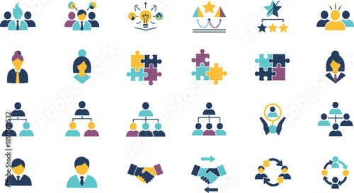 Business Teamwork and Collaboration Icon Set Featuring Leadership, Problem Solving, Partnership, Innovation, Organization Structure, and Corporate Success Concepts