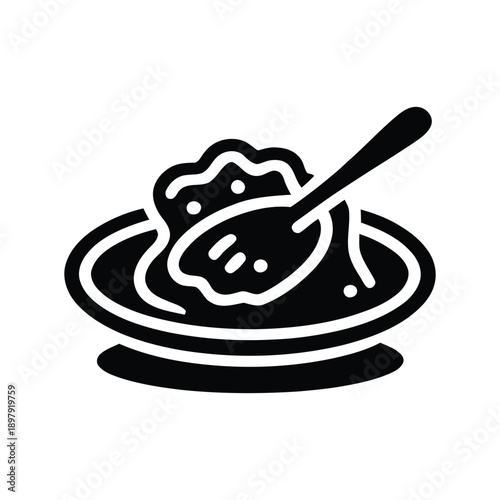 Black and white illustration of a bowl of mashed potatoes with a spoon