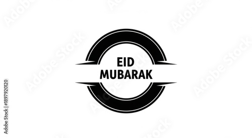 Eid mubarak greeting card with black circular design and white banner on white background for muslim holiday celebration